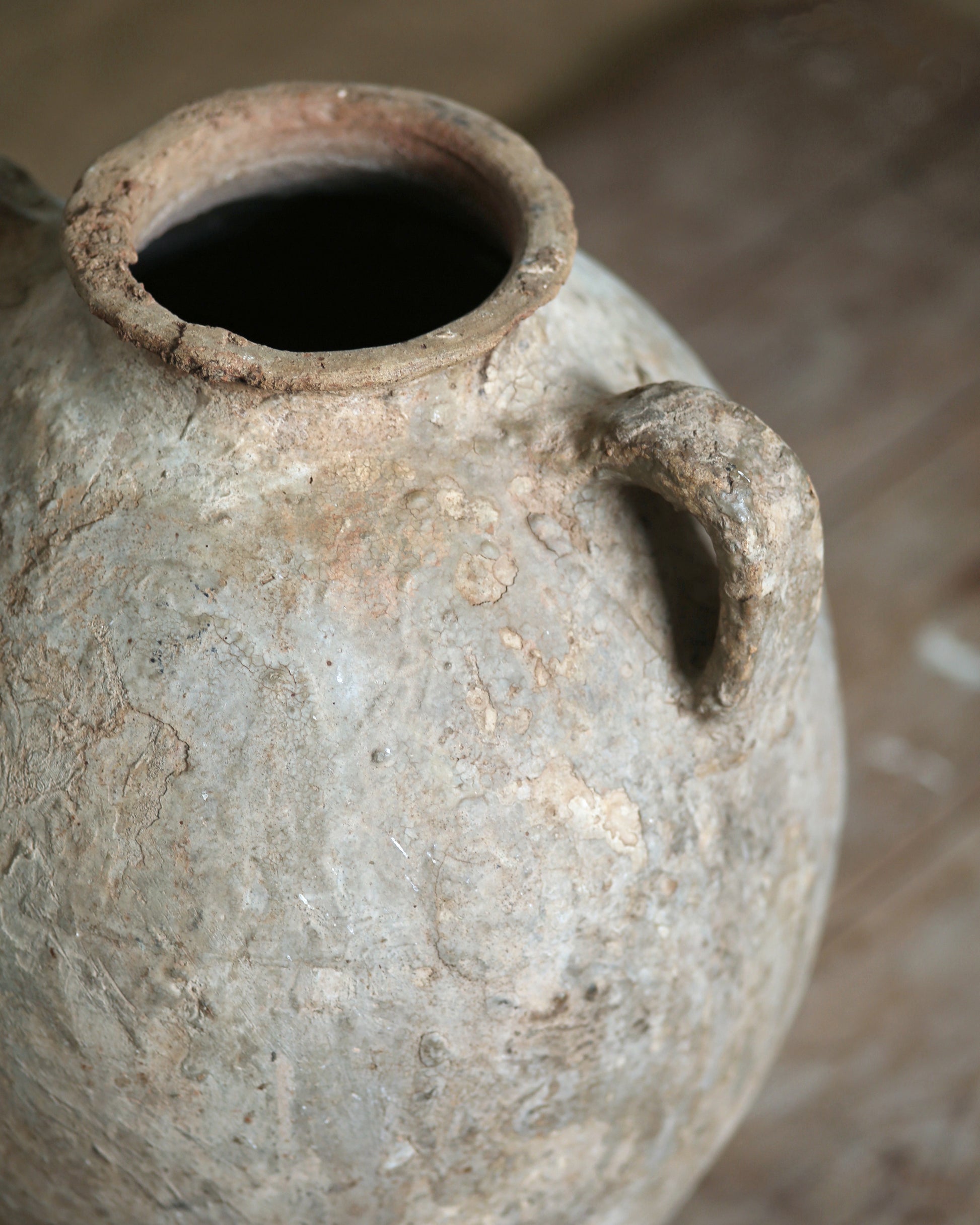 Rustic aged olive pot with traditional antique urn handles