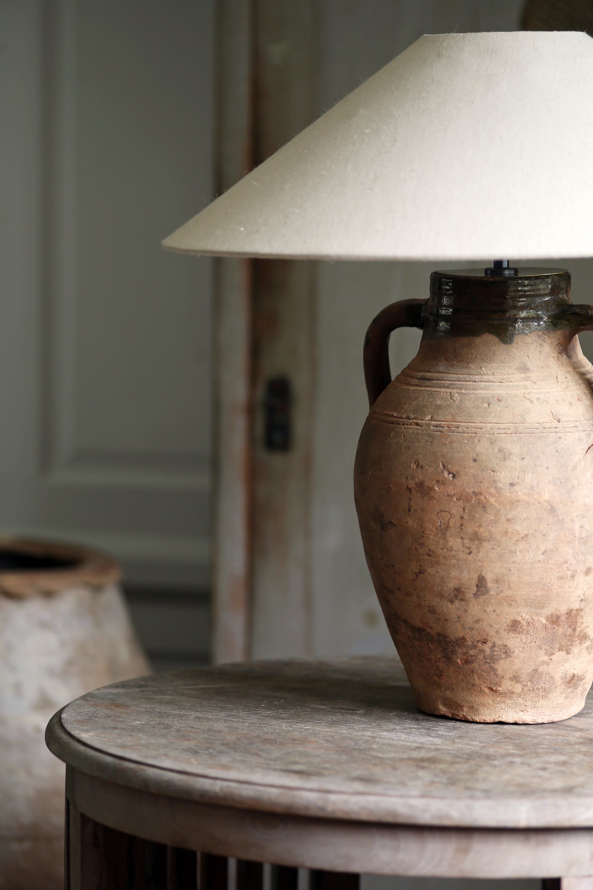 Exclusively made for Kiln, rustic clay pottery table lamp with linen lampshade 