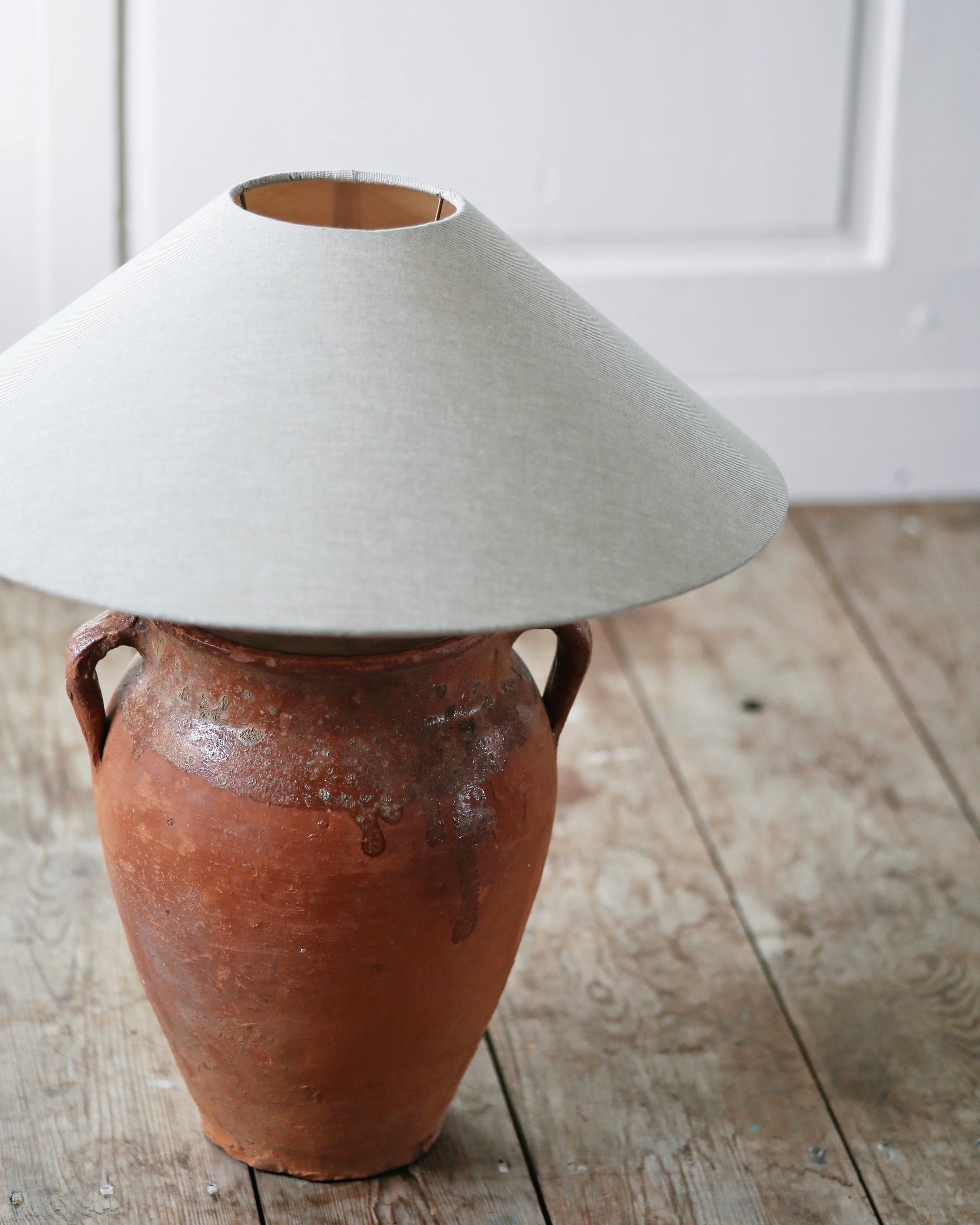 Antique terracotta pot lamp with linen lampshade