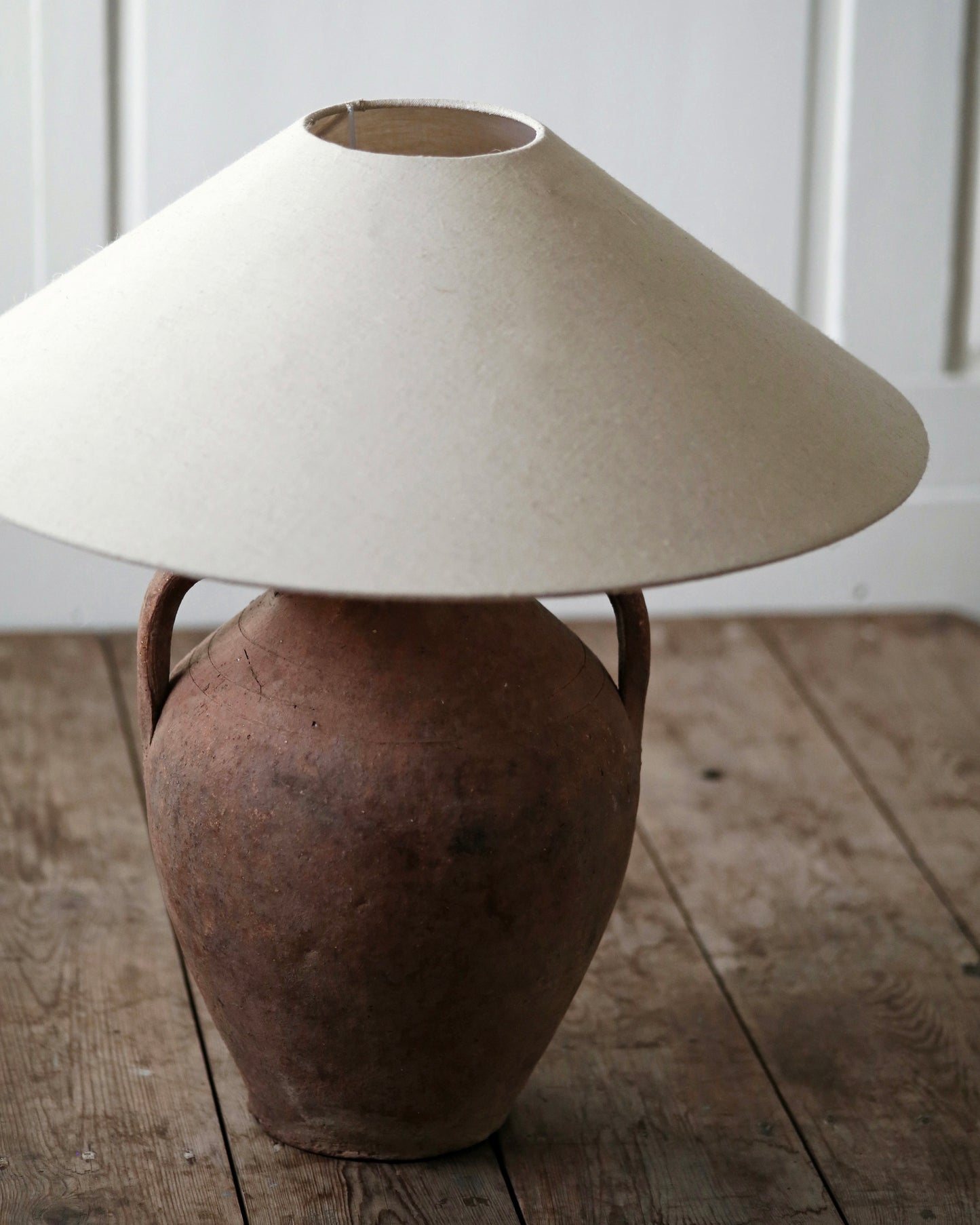Natural rustic aged pot base with linen lampshade