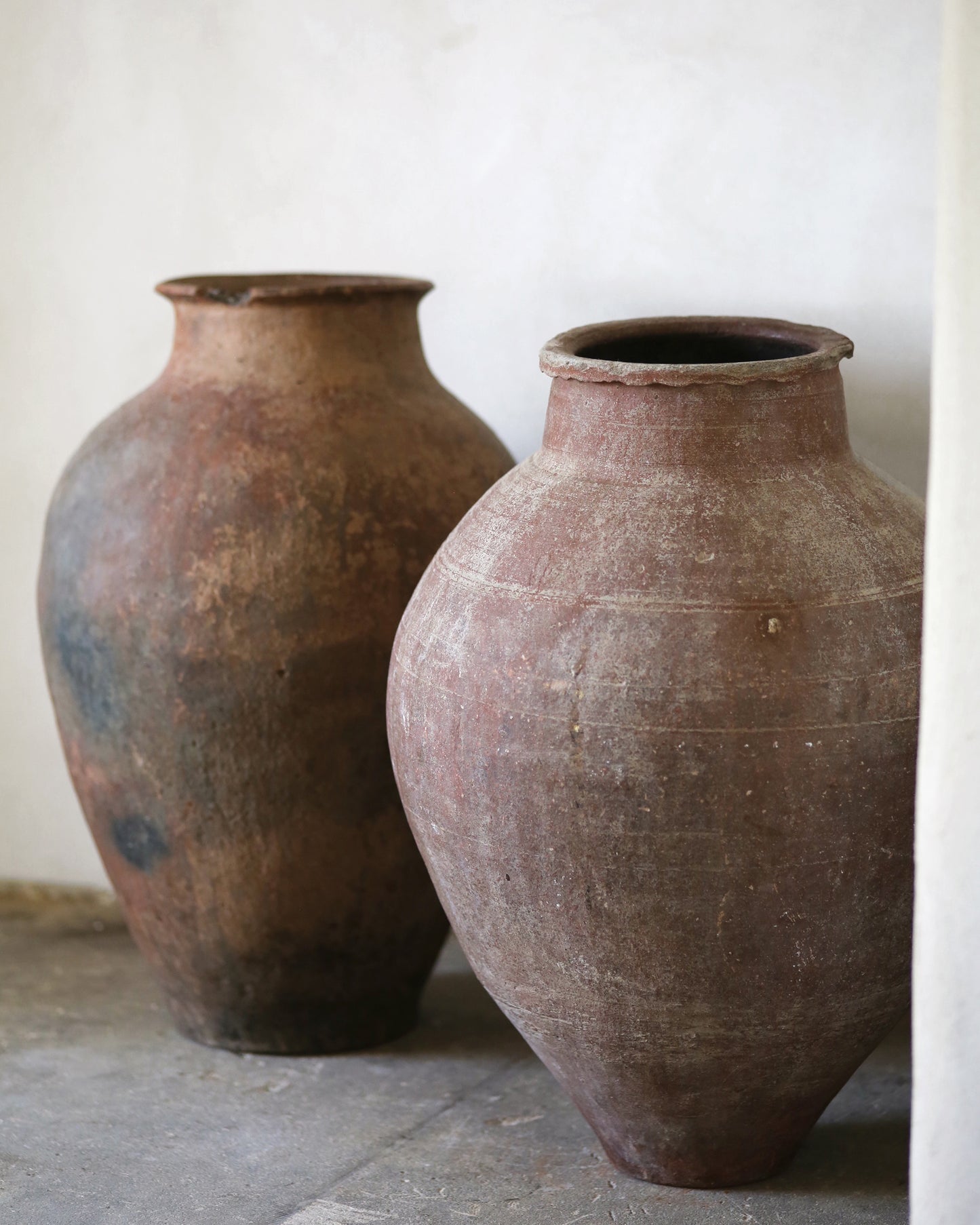 Two large terracotta pots on a flagstone floor with a white wall background