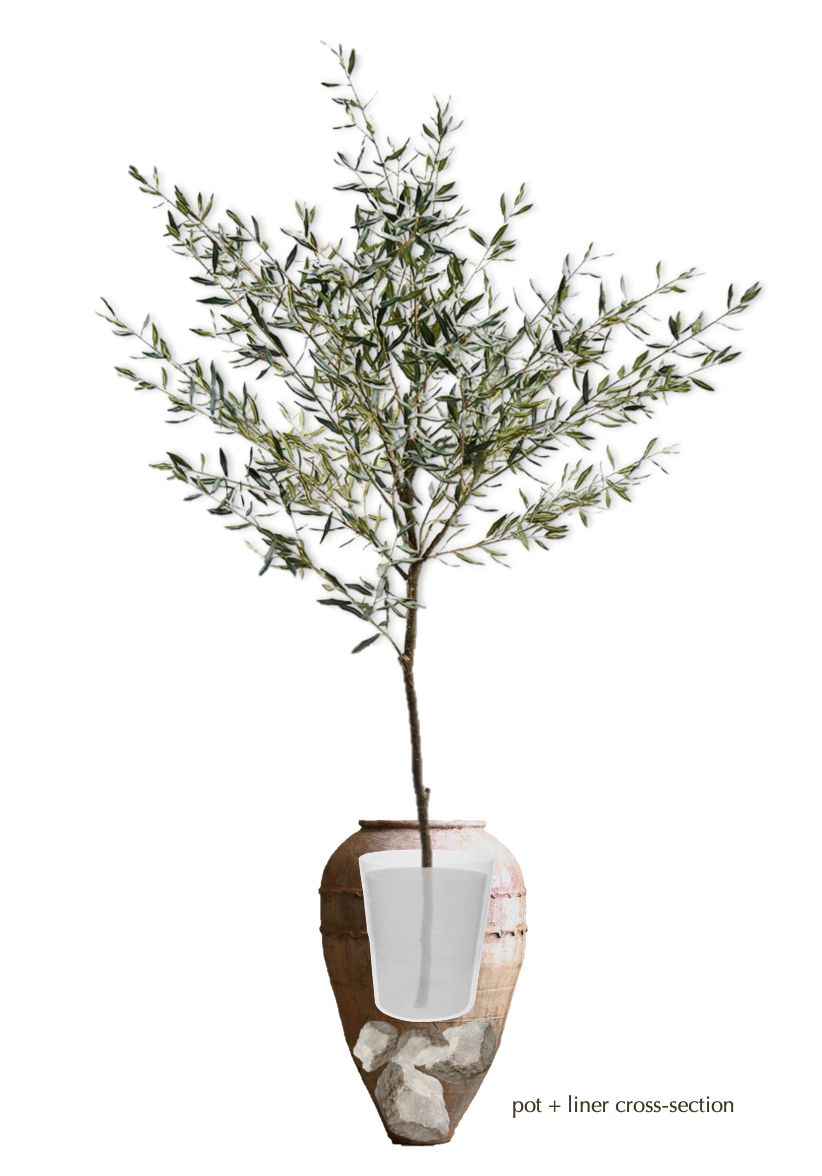Interior Faux Olive Tree planted into Antique Olive Pot