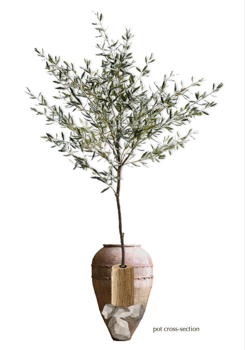 Indoor faux olive tree planted into conical antique olive pot