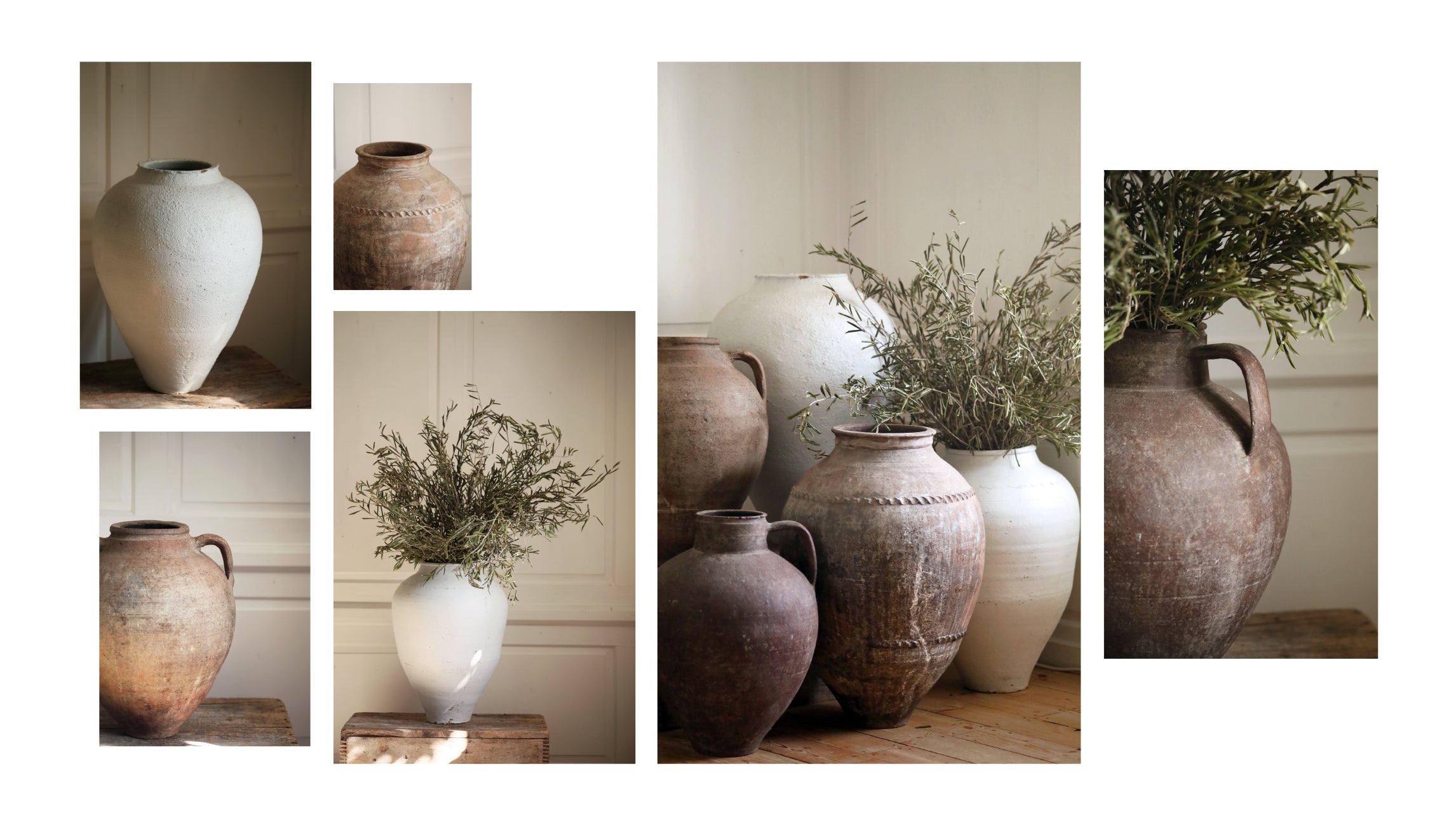 Statement urns + terracotta olive pots for wedding hire + rent for photoshoot props