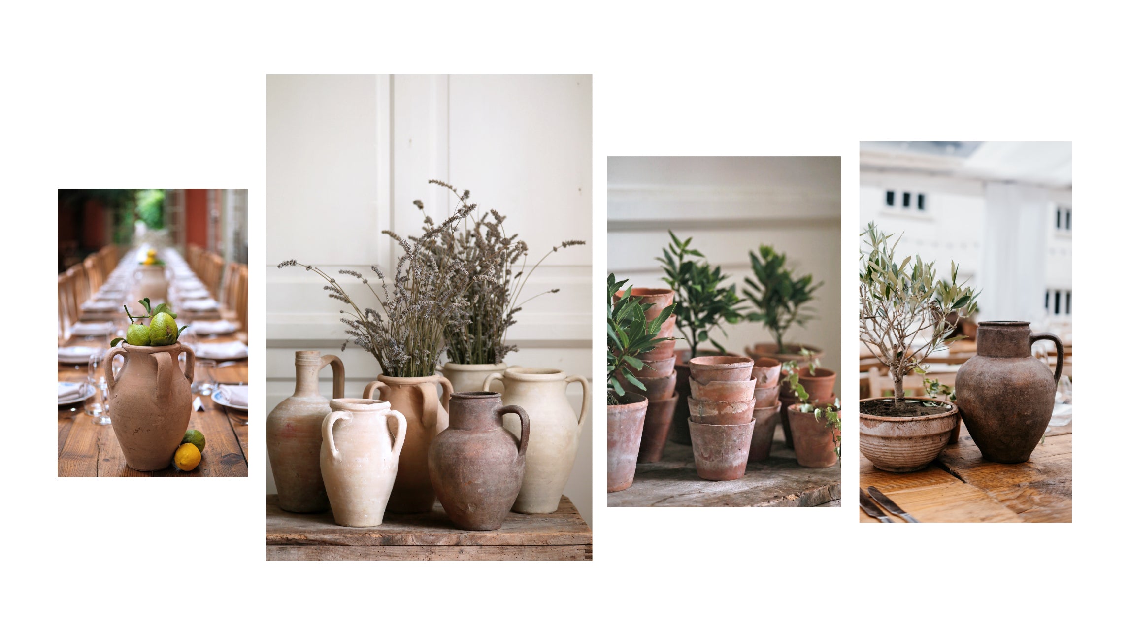 Vintage rustic terracotta vases + plant pots available for event + wedding hire