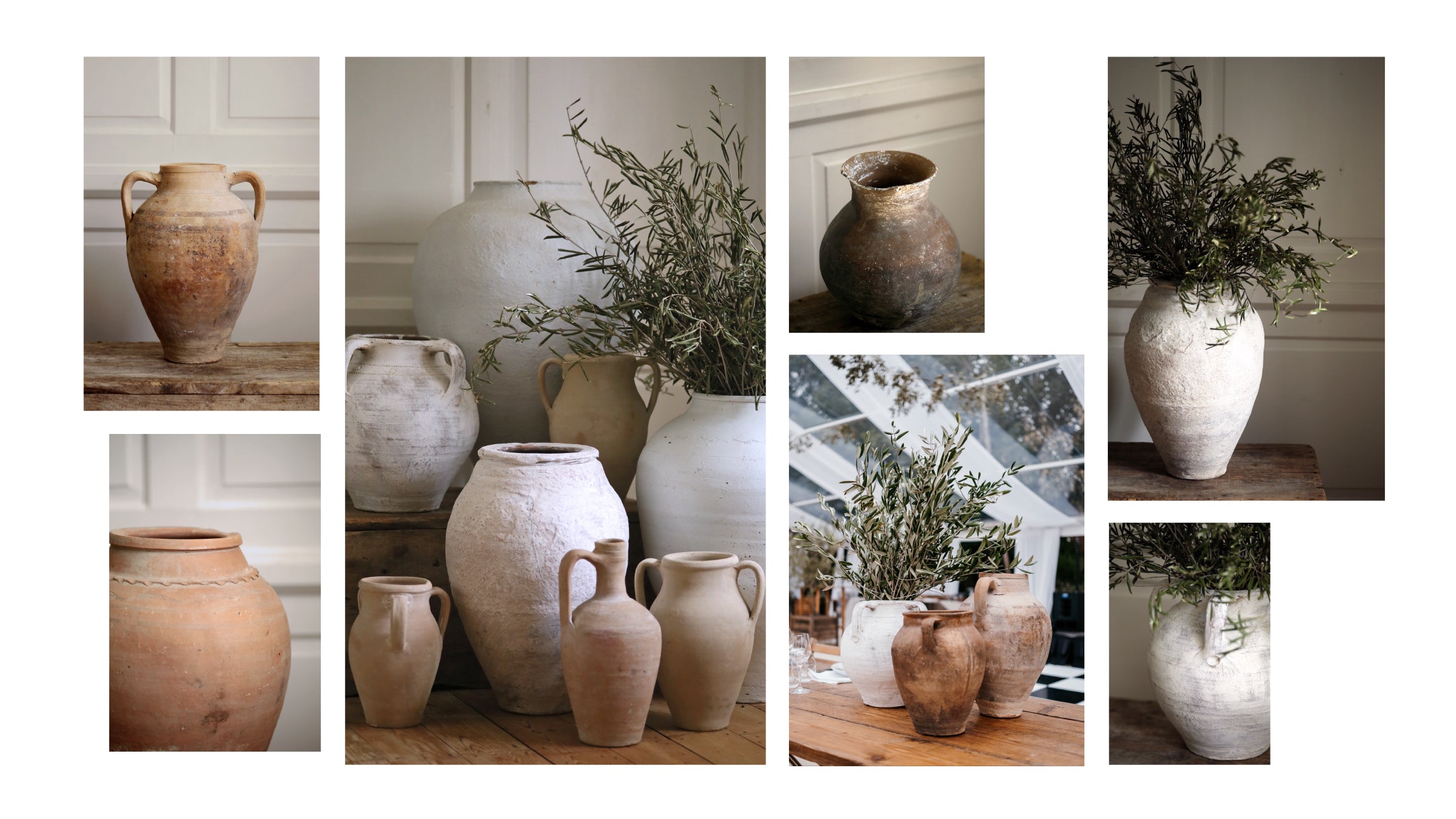 Antique terracotta + white olive pots for centrepiece vase display - hire for weddings events + photoshoot props