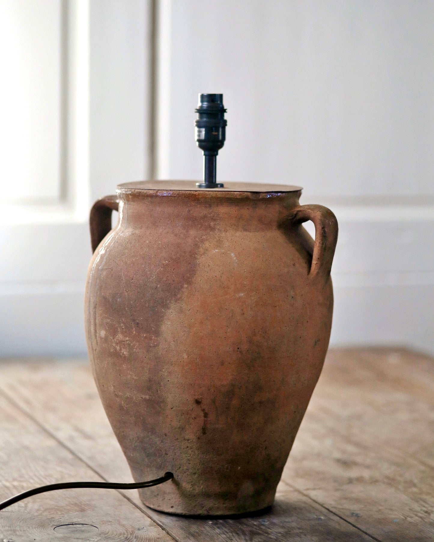 Antique olive pot converted to unique table lamp