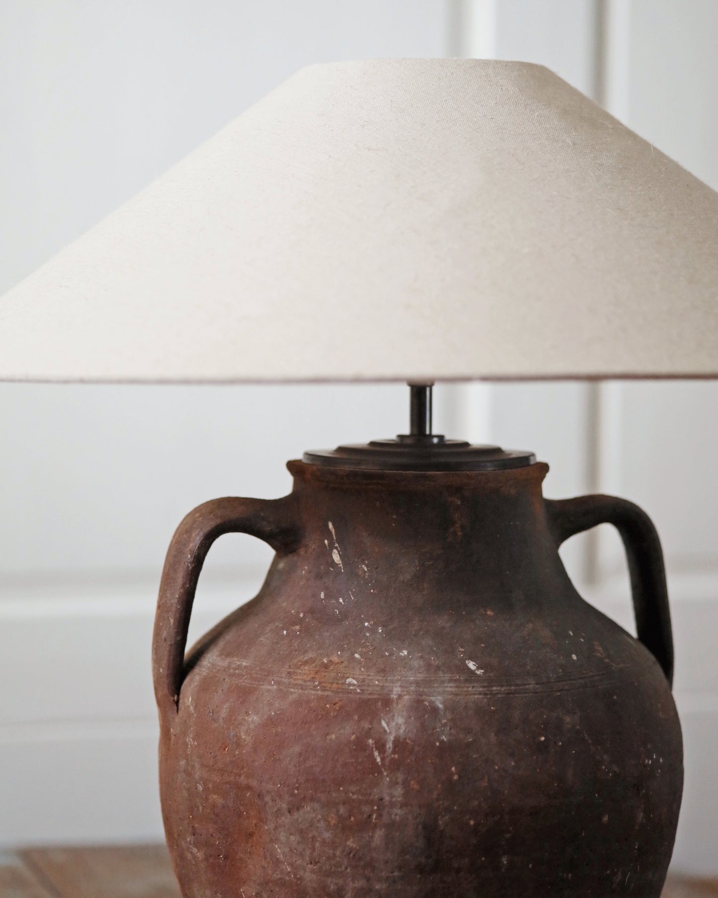 Antique clay table lamp with brass fittings