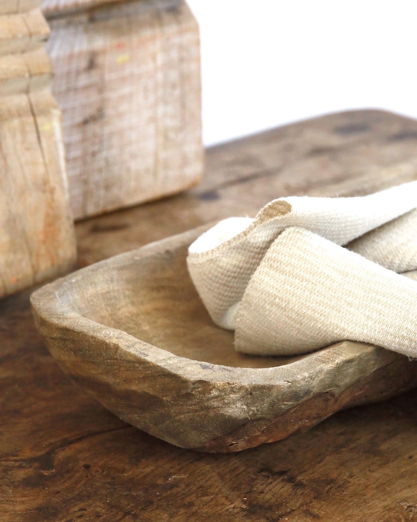 Close up detail of Hand carved raw wood tray