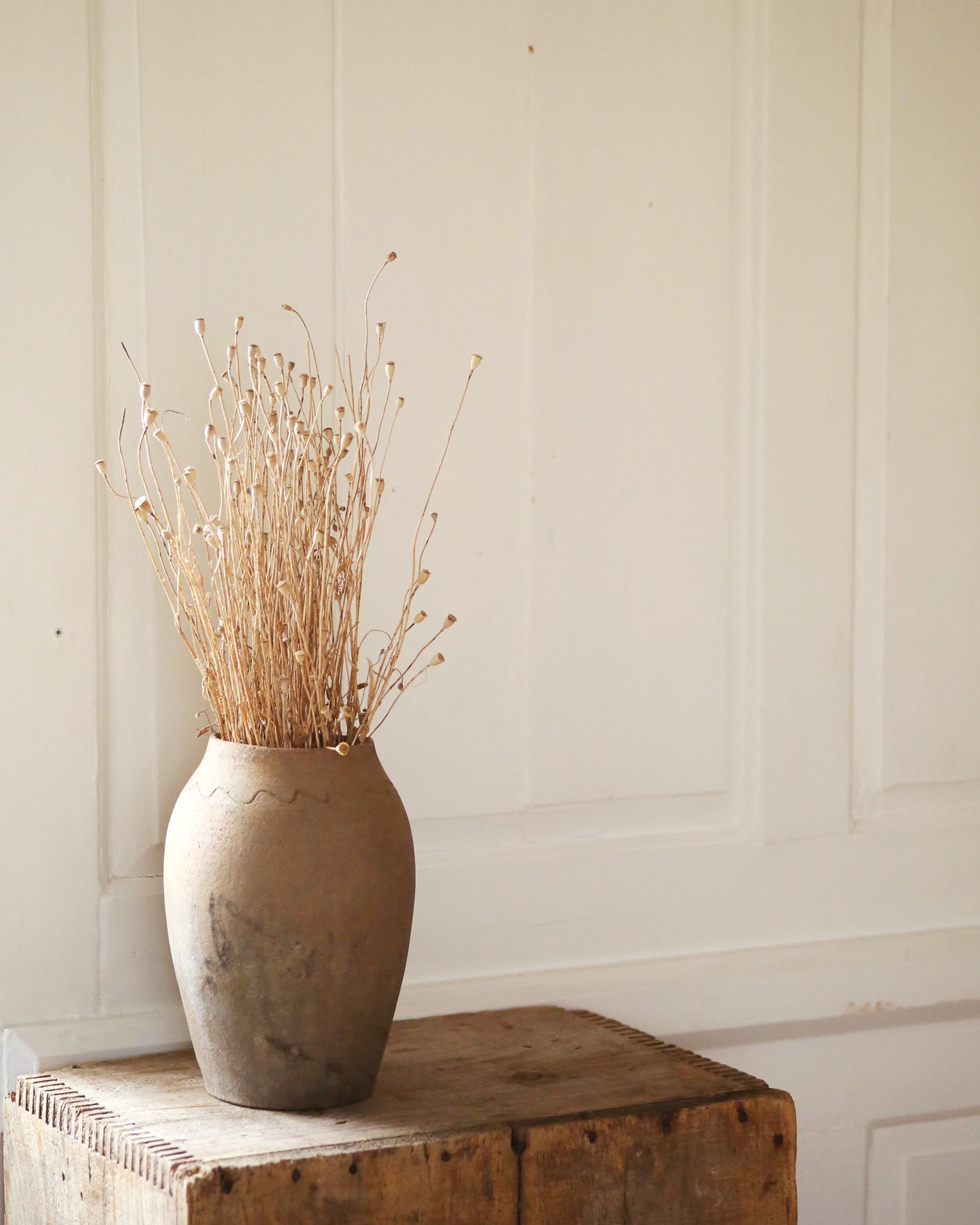 Rustic aged vase displayed with dried flowers