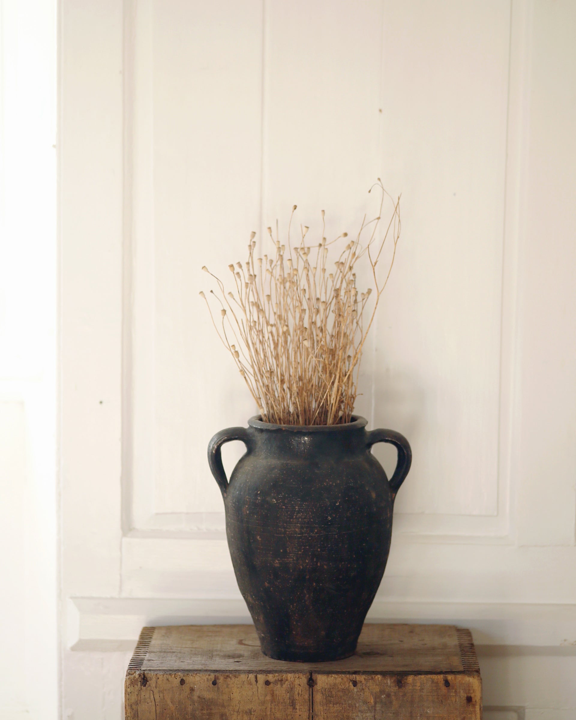 Antique black vase, vintage olive pot