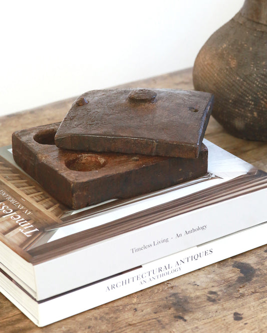 Handmade wooden spice box with open lid