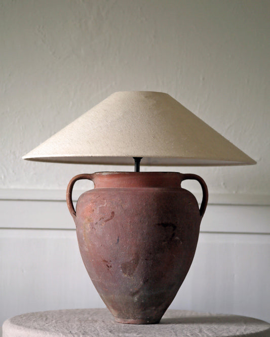Huge statement clay table lamp converted from antique terracotta olive pot