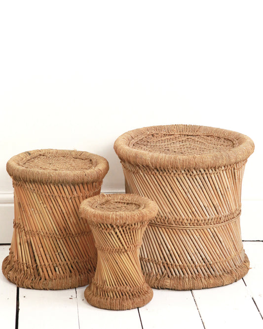 VINTAGE WOVEN BAMBOO STOOL SET