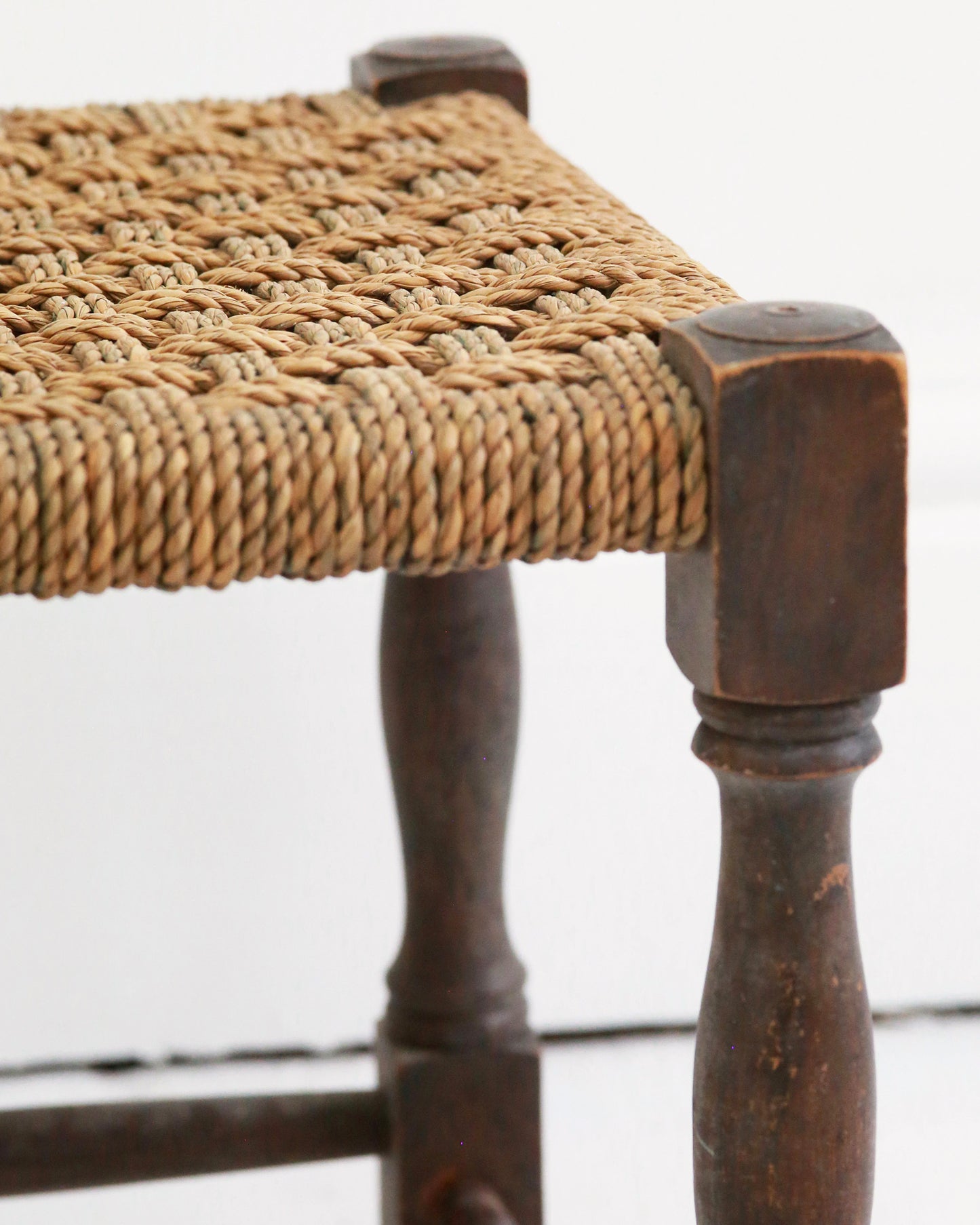Woven rope detail to vintage wooden footstool